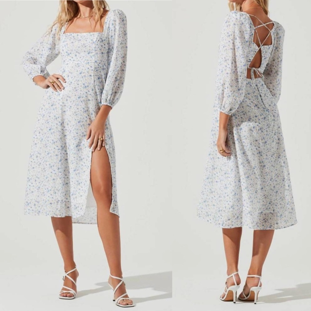 ASTR Dress Women Small Midi Linen Blend Blouson Sleeve Lined Ditsy Floral Blue